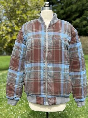 PRANA Plaid Bomber Jacket Down Insulated Brown Light Blue Zip-Up Pockets Sz XL